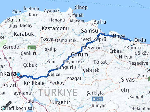 Ankara Çamaş Ordu Arası Kaç Km - Yol Haritası