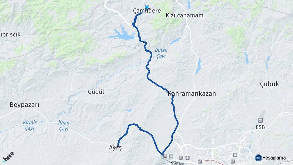 Ankara Çamlıdere Ayaş Arası Kaç Km - Yol Haritası