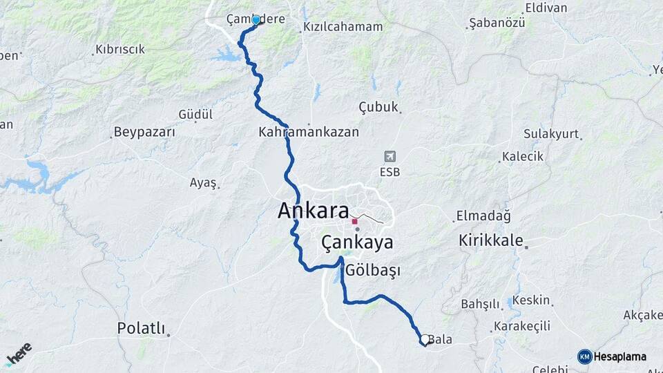 Ankara Çamlıdere Bala Arası Kaç Km - Yol Haritası