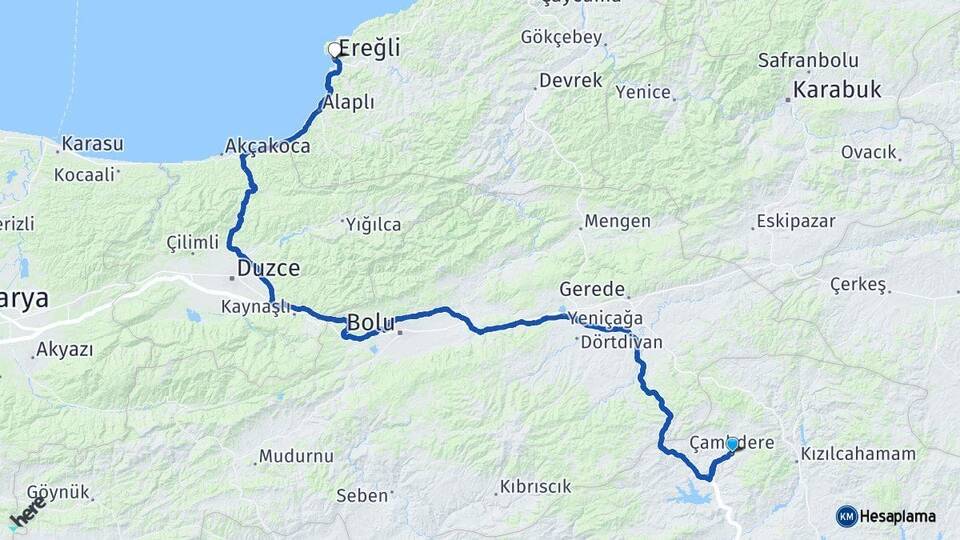 Ankara Çamlıdere Ereğli Zonguldak Arası Kaç Km - Yol Haritası