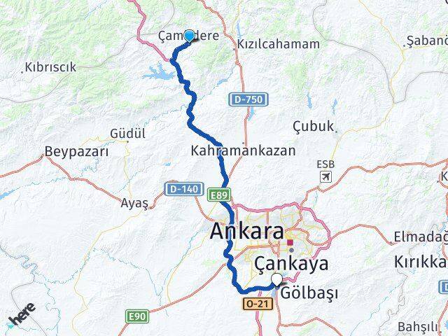 Ankara Çamlıdere Gölbaşı Arası Kaç Km - Yol Haritası