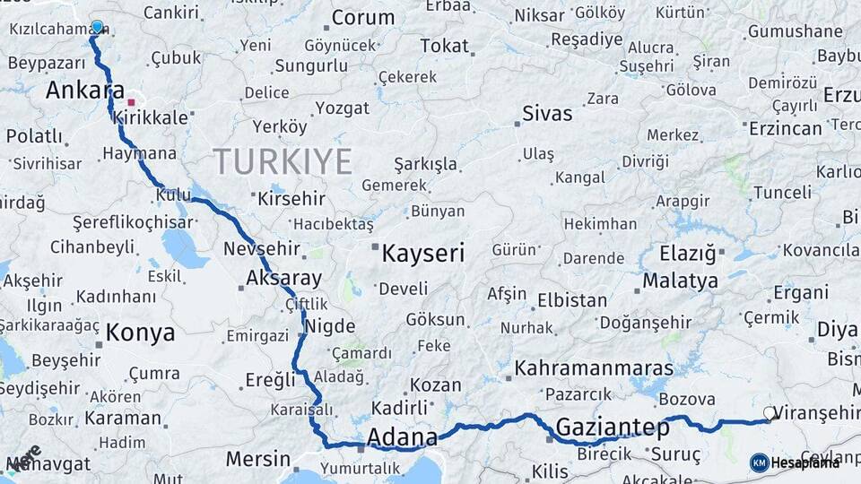 Ankara Çamlıdere Viranşehir Şanlıurfa Arası Kaç Km - Yol Haritası