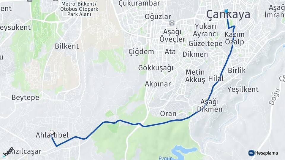 Ankara Çankaya Ahlatlıbel Çankaya Arası Kaç Km - Yol Haritası