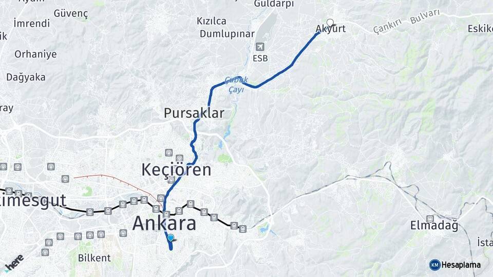 Ankara Çankaya Akyurt Arası Kaç Km - Yol Haritası