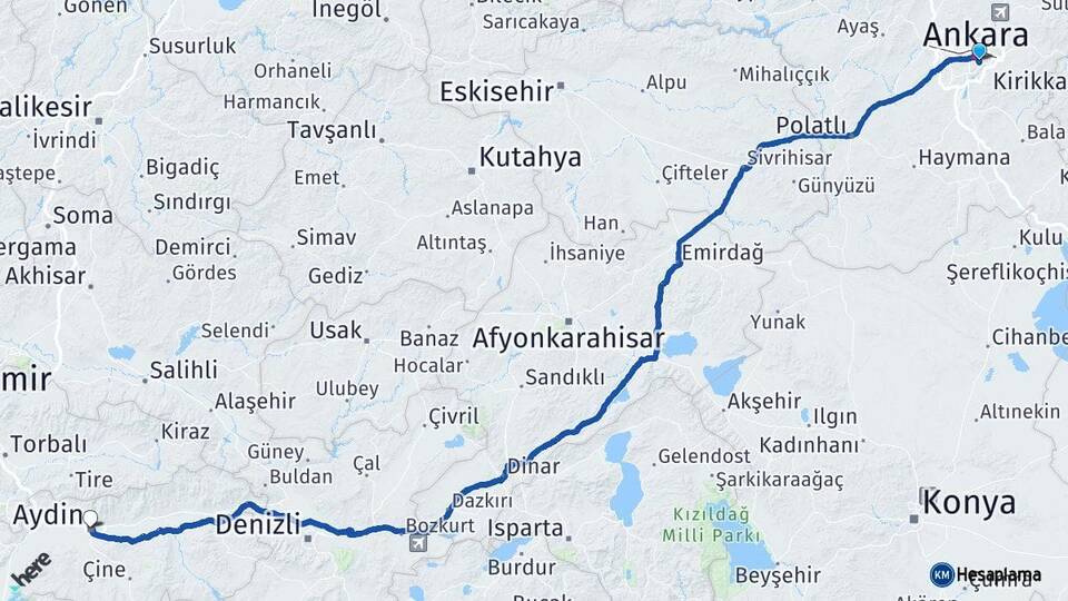 Ankara Çankaya Aydın Arası Kaç Km - Yol Haritası