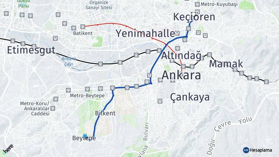Ankara Çankaya Beytepe Keçiören Arası Kaç Km - Yol Haritası