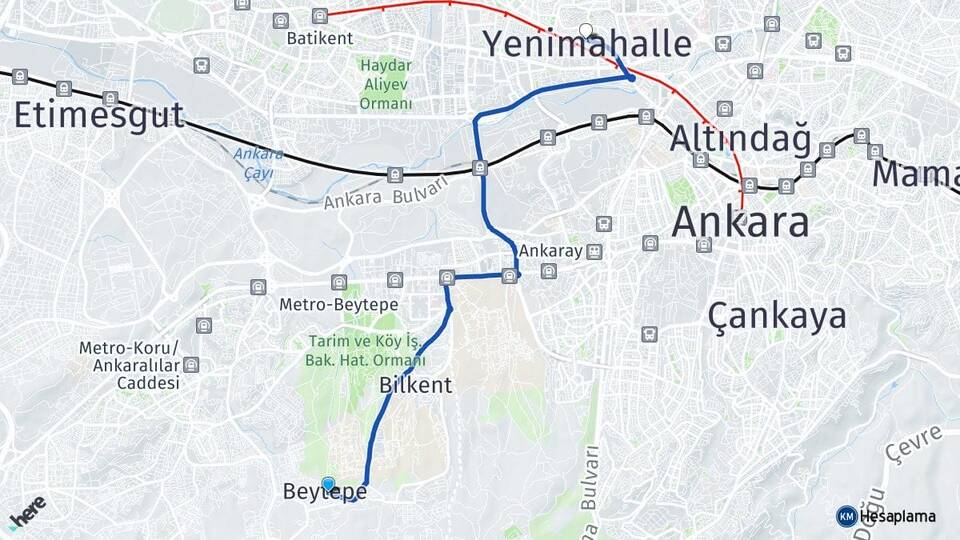 Ankara Çankaya Beytepe Yenimahalle Arası Kaç Km - Yol Haritası