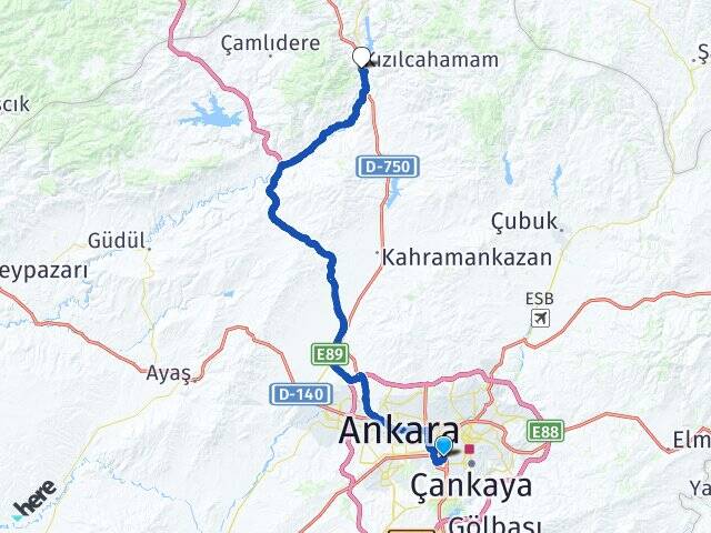 Ankara Çankaya Çukurambar Kızılcahamam Arası Kaç Km - Yol Haritası