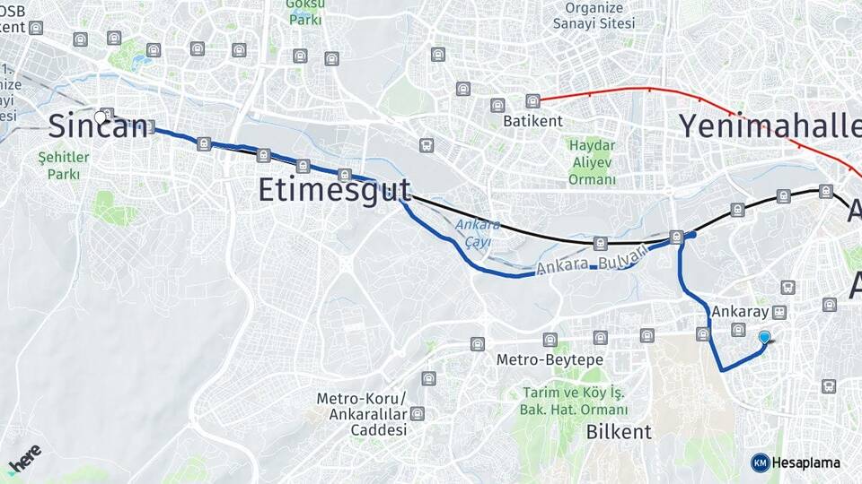 Ankara Çankaya Çukurambar Sincan Arası Kaç Km - Yol Haritası