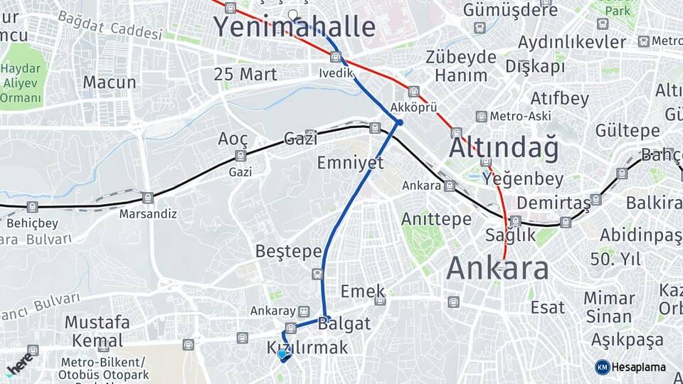 Ankara Çankaya Çukurambar Yenimahalle Arası Kaç Km - Yol Haritası