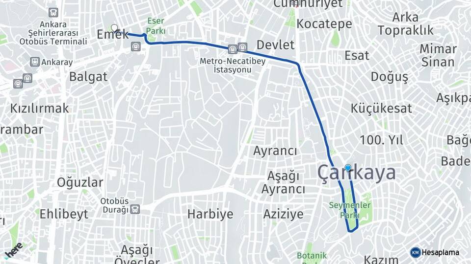 Ankara Çankaya Emek Çankaya Arası Kaç Km - Yol Haritası