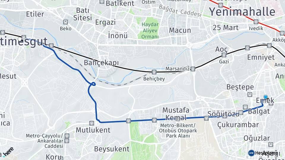 Ankara Çankaya Emek Etimesgut Arası Kaç Km - Yol Haritası