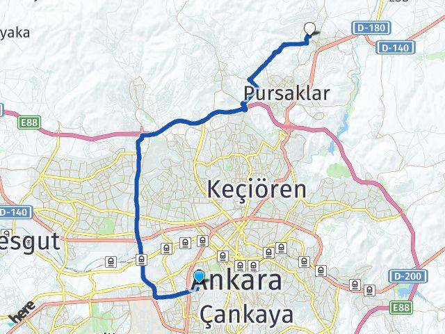 Ankara Çankaya Emek Pursaklar Arası Kaç Km - Yol Haritası