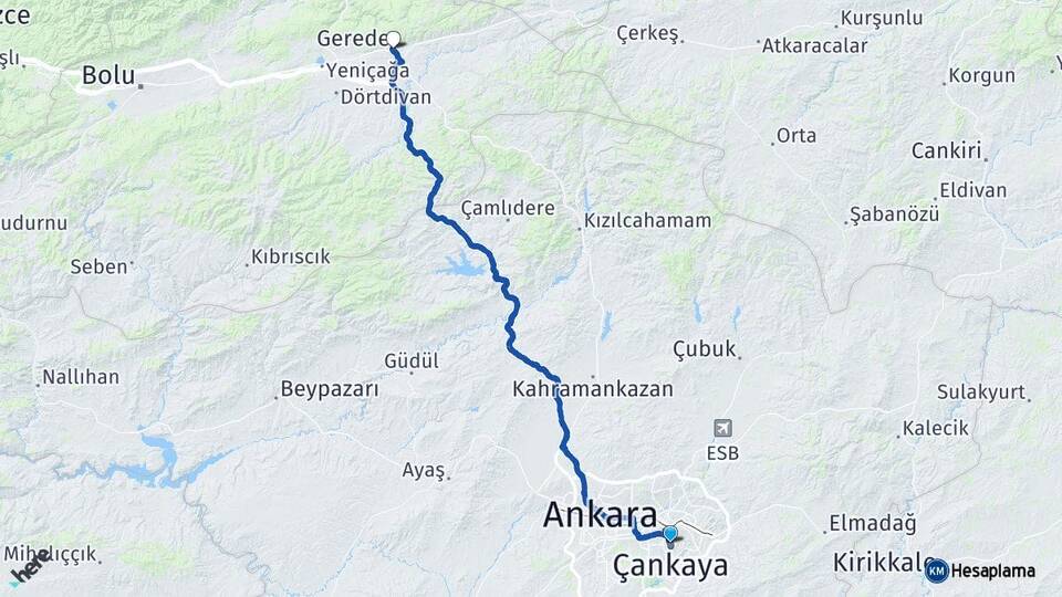 Ankara Çankaya Gerede Bolu Arası Kaç Km - Yol Haritası