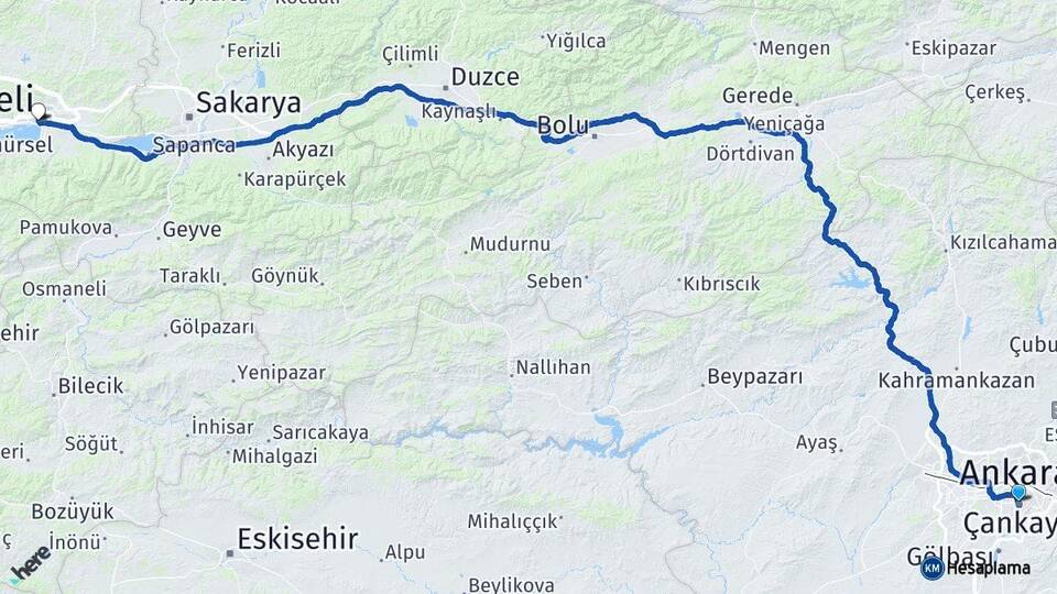 Ankara Çankaya İzmit Kocaeli Arası Kaç Km - Yol Haritası