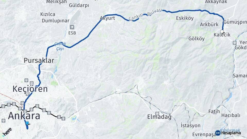 Ankara Çankaya Kalecik Arası Kaç Km - Yol Haritası
