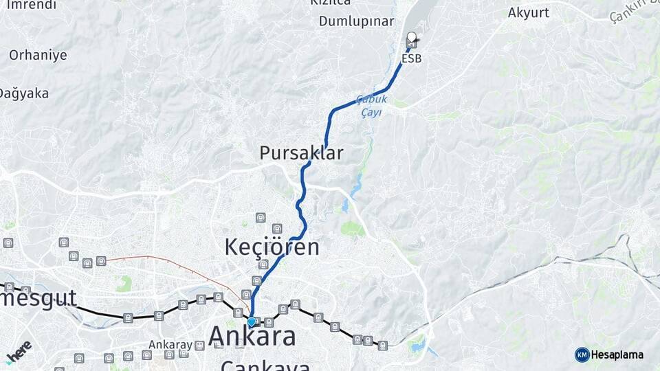 Ankara Çankaya Kızılay Esenboğa Havalimanı Arası Kaç Km - Yol Haritası