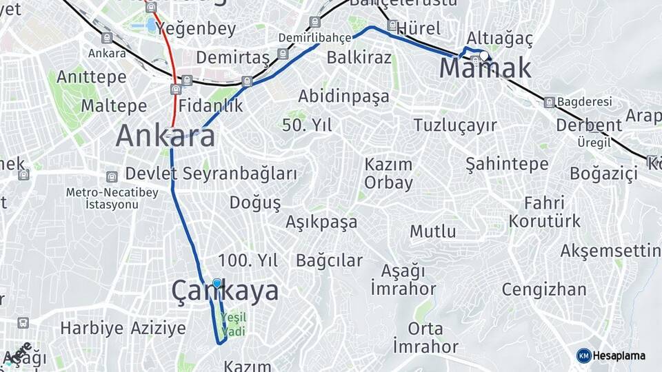 Ankara Çankaya Mamak Arası Kaç Km - Yol Haritası