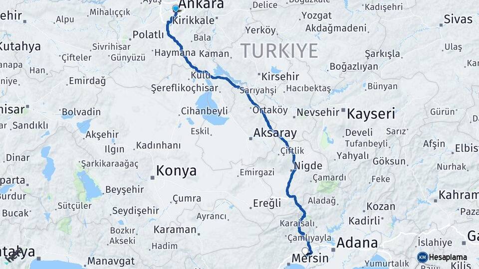 Ankara Çankaya Tarsus Mersin Arası Kaç Km - Yol Haritası