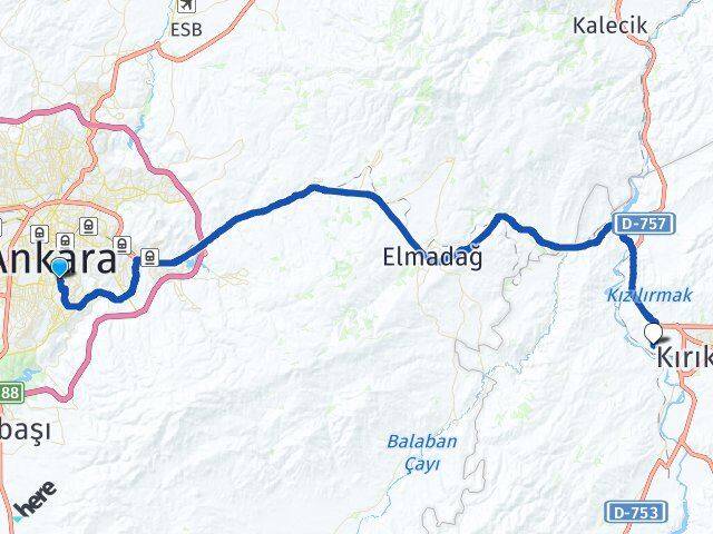 Ankara Çankaya Yahşihan Kırıkkale Arası Kaç Km - Yol Haritası