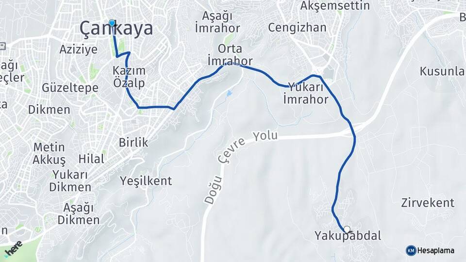 Ankara Çankaya Yakupabdal Çankaya Arası Kaç Km - Yol Haritası