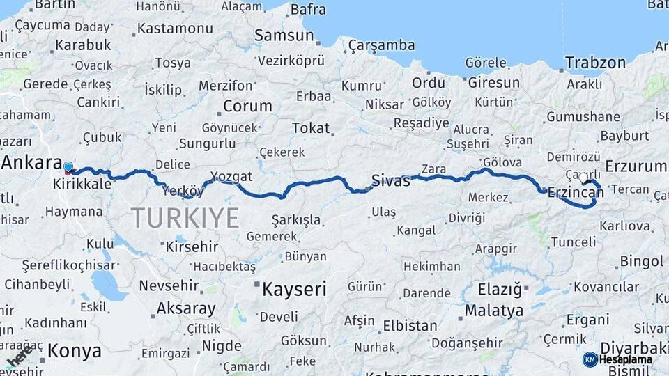Ankara Çayırlı Erzincan Arası Kaç Km - Yol Haritası