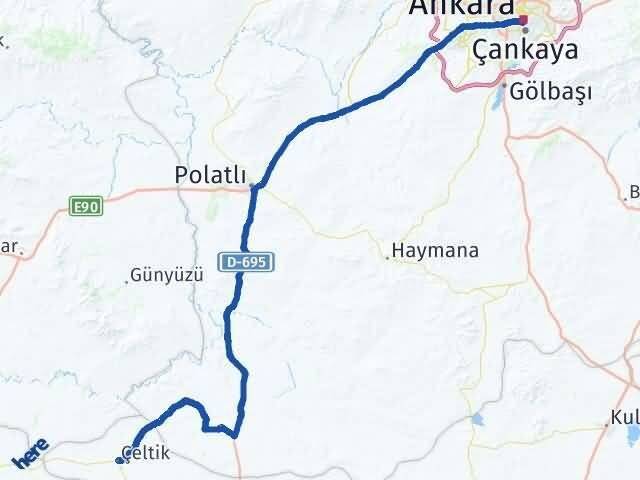 Ankara Çeltik Konya Arası Kaç Km - Yol Haritası