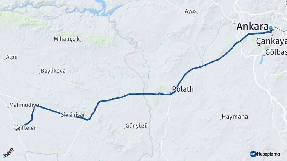 Ankara Çifteler Eskişehir Arası Kaç Km - Yol Haritası