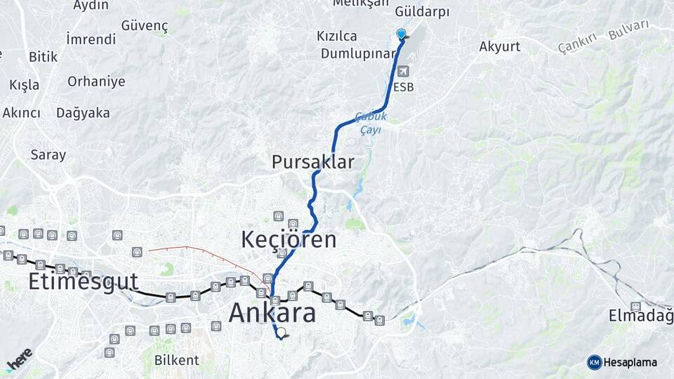 Ankara Çubuk Esenboğa Çankaya Arası Kaç Km - Yol Haritası