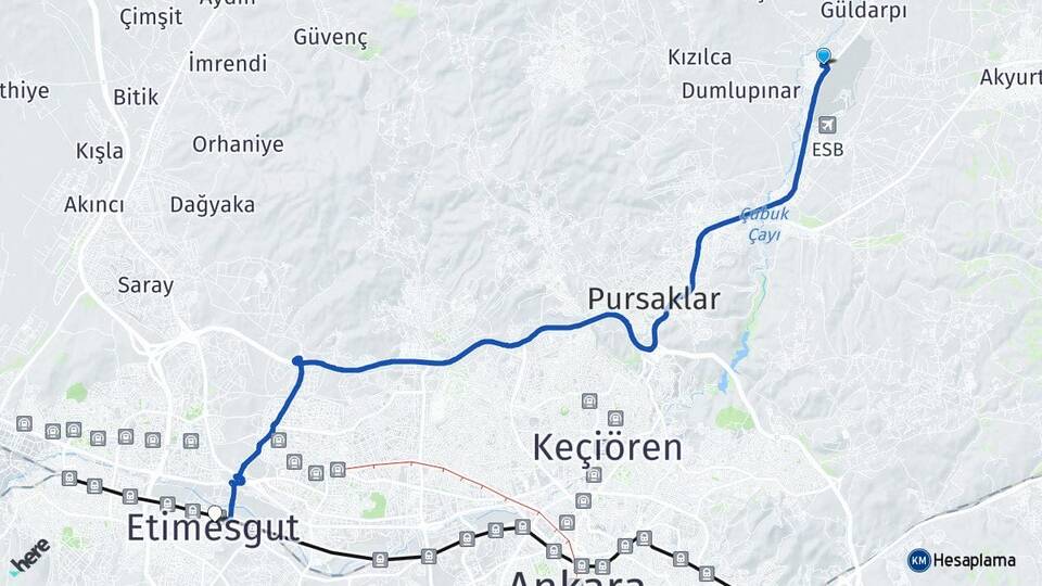Ankara Çubuk Esenboğa Etimesgut Arası Kaç Km - Yol Haritası