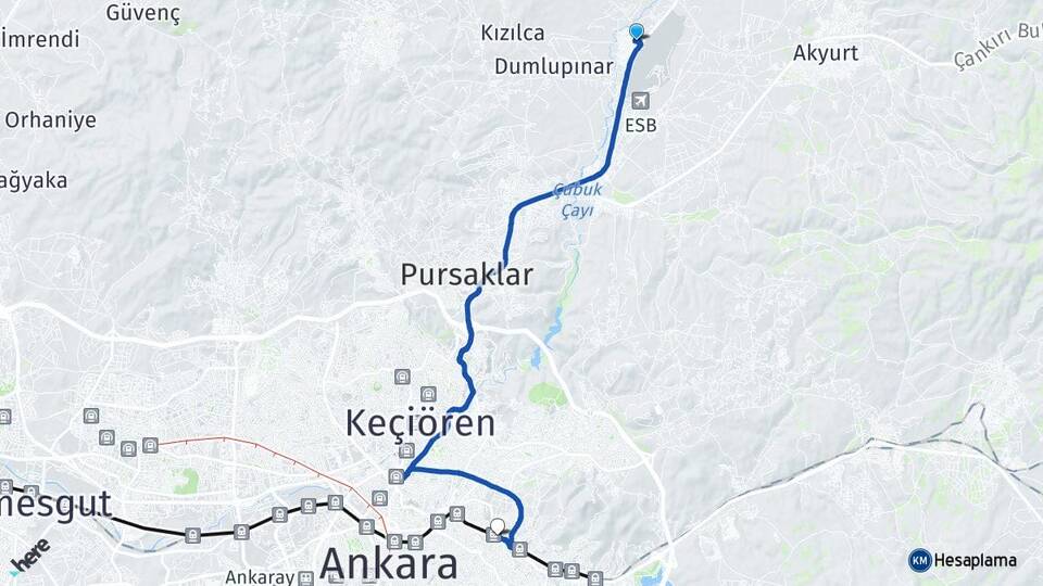 Ankara Çubuk Esenboğa Mamak Arası Kaç Km - Yol Haritası