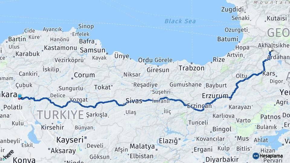 Ankara Damal Ardahan Arası Kaç Km - Yol Haritası
