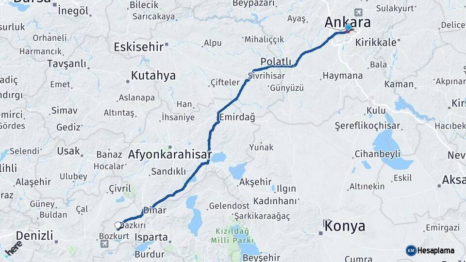 Ankara Dazkırı Afyonkarahisar Arası Kaç Km - Yol Haritası