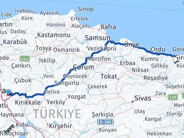 Ankara Dereli Giresun Arası Kaç Km - Yol Haritası