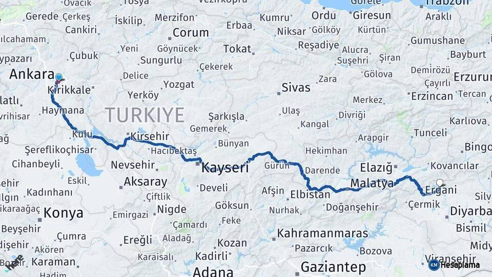 Ankara Dicle Diyarbakır Arası Kaç Km - Yol Haritası