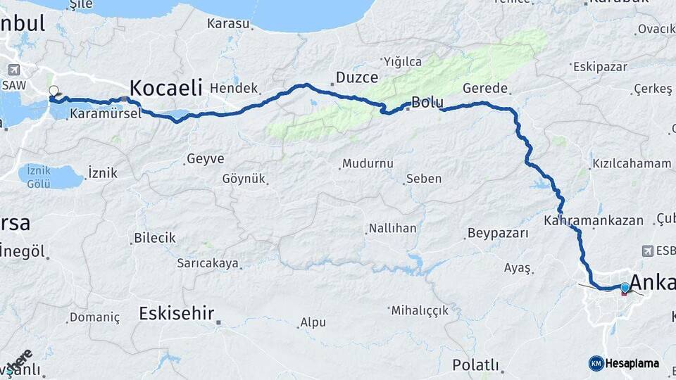 Ankara Dilovası Kocaeli Arası Kaç Km - Yol Haritası