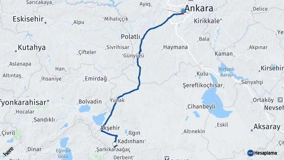Ankara Doğanhisar Konya Arası Kaç Km - Yol Haritası