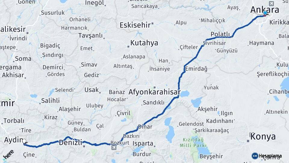 Ankara Efeler Aydın Arası Kaç Km - Yol Haritası