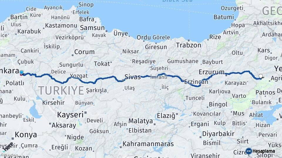 Ankara Eleşkirt Ağrı Arası Kaç Km - Yol Haritası