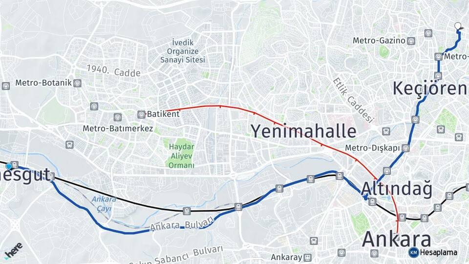 Ankara Etimesgut Aktepe Keçiören Arası Kaç Km - Yol Haritası