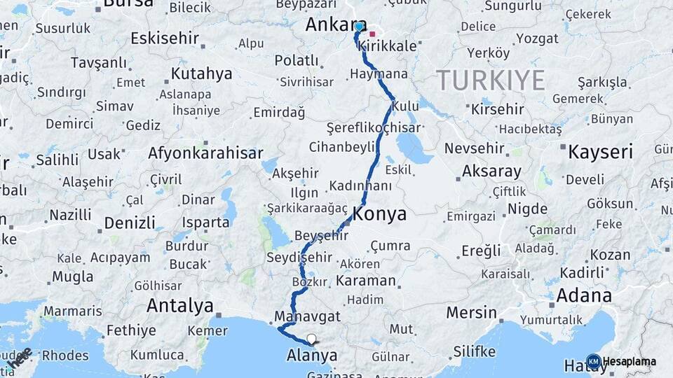 Ankara Etimesgut Alanya Antalya Arası Kaç Km - Yol Haritası