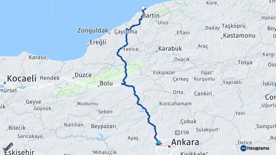 Ankara Etimesgut Amasra Bartın Arası Kaç Km - Yol Haritası