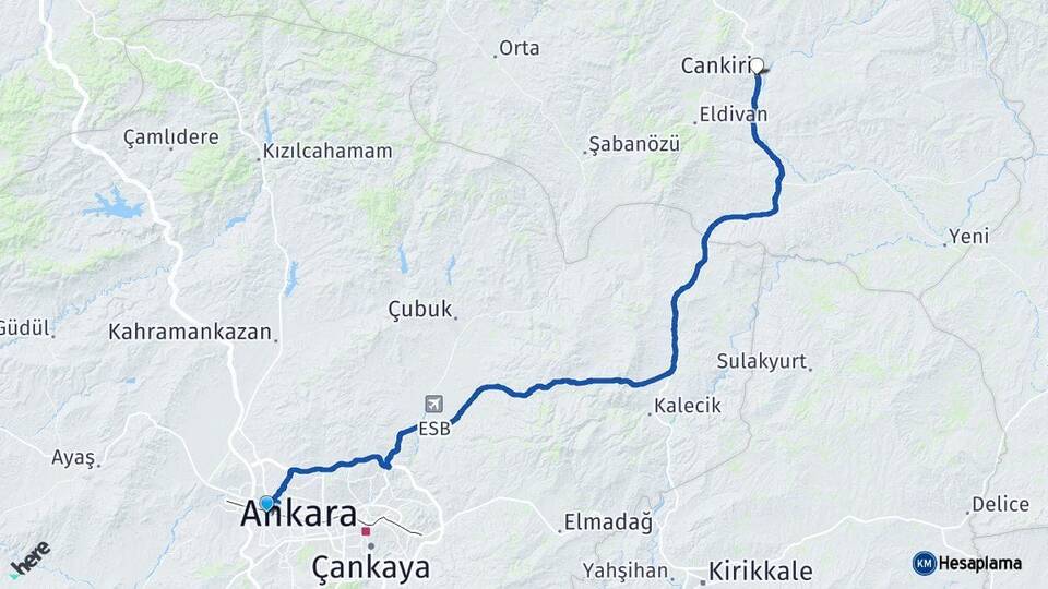Ankara Etimesgut Çankırı Arası Kaç Km - Yol Haritası