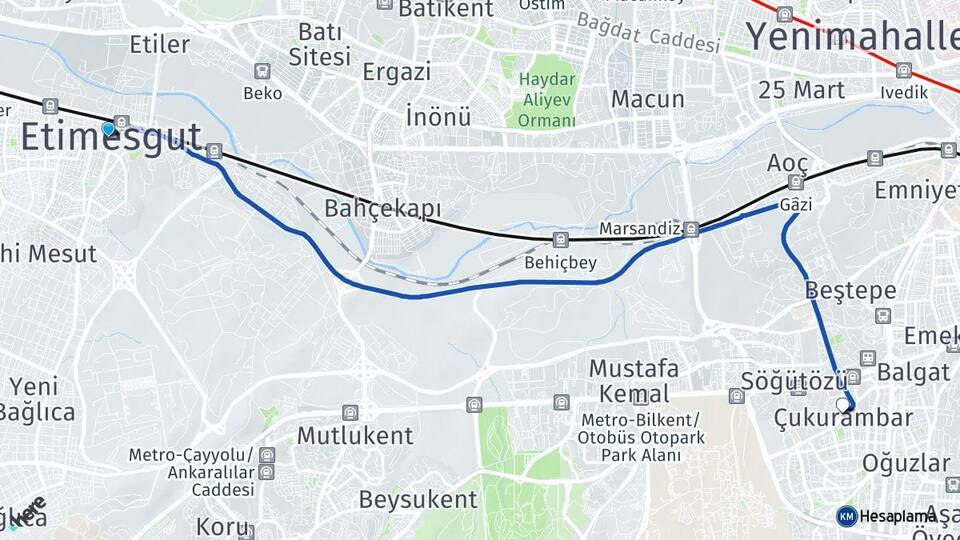 Ankara Etimesgut Çukurambar Çankaya Arası Kaç Km - Yol Haritası