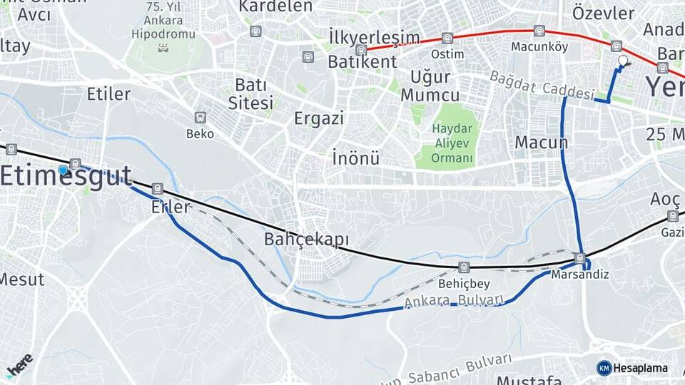 Ankara Etimesgut Demetevler Yenimahalle Arası Kaç Km - Yol Haritası