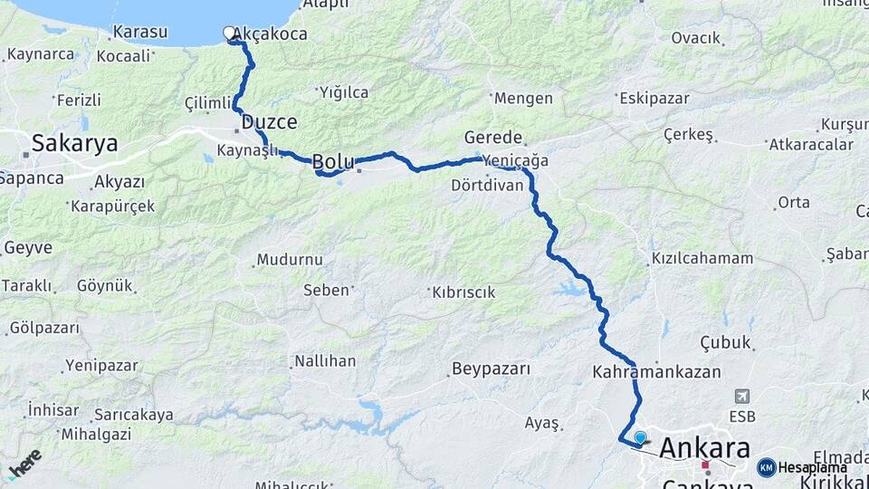 Ankara Etimesgut Eryaman Akçakoca Düzce Arası Kaç Km - Yol Haritası