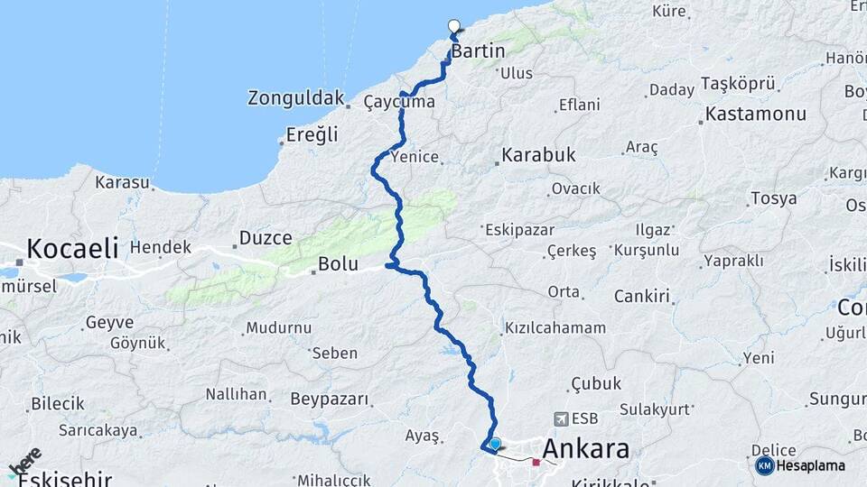 Ankara Etimesgut Eryaman Amasra Bartın Arası Kaç Km - Yol Haritası