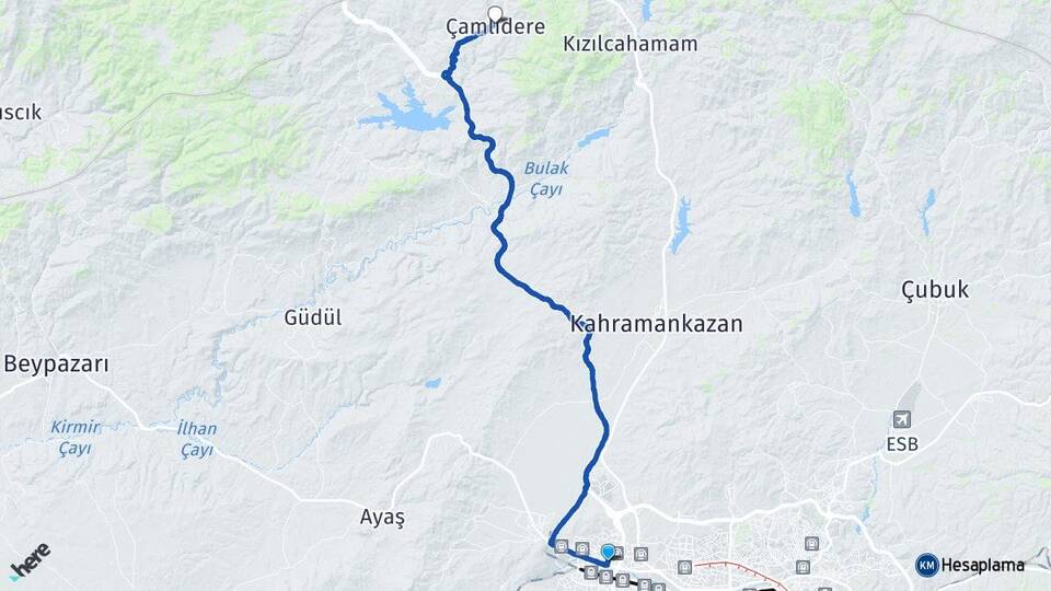 Ankara Etimesgut Eryaman Çamlıdere Arası Kaç Km - Yol Haritası