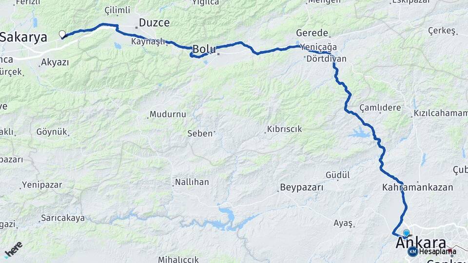 Ankara Etimesgut Eryaman Hendek Sakarya Arası Kaç Km - Yol Haritası
