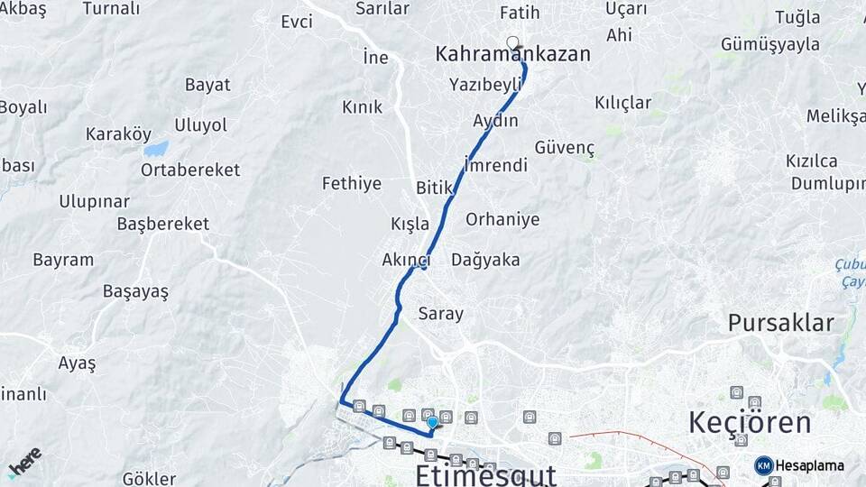 Ankara Etimesgut Eryaman Kahramankazan Arası Kaç Km - Yol Haritası